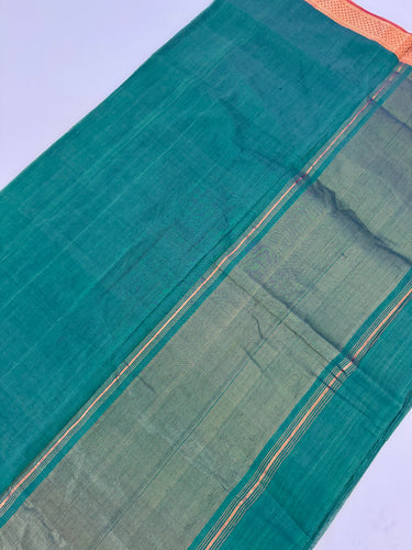 Handwoven Mangalgiri Cotton Saree | Peacock Blue Green | Gold Zari | Handwoven | Ships from California